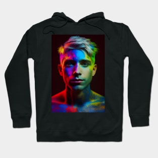 Luminous Beauty: A Portrait of a Man with Colorful Lights Hoodie